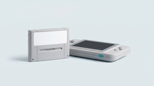 Grosse cartouche de jeu gris clair à étiquette vierge devant une console portable rétro horizontale