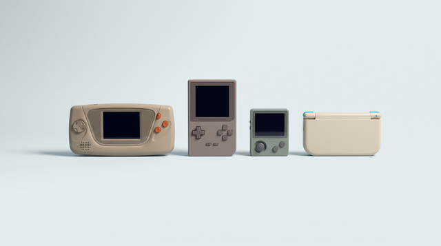 Quatre consoles portables rétro de formats différents alignées côte à côte