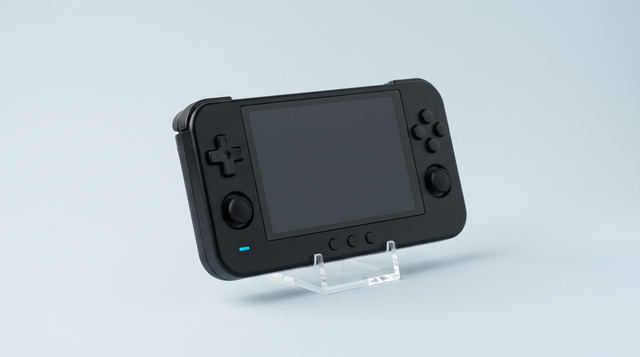 Console portable rétro sous Android à grand écran, posée sur un support