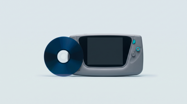 Disque optique à dos bleuté dressé sur la tranche près d'une console portable Android à grand écran