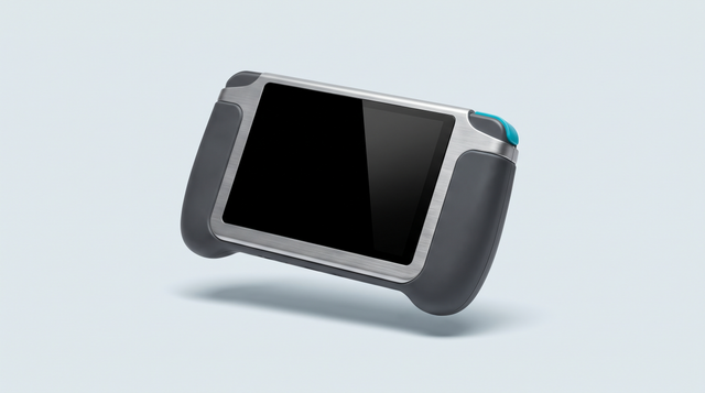 Console portable rétro haut de gamme à grand écran brillant et châssis métal, vue de trois quarts
