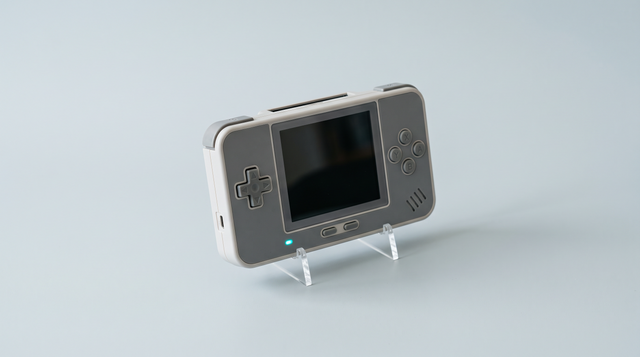Console portable rétro dressée sur un support transparent, écran éteint