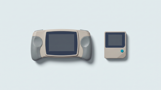 Deux petites consoles portables rétro côte à côte, une horizontale à poignées et une format poche