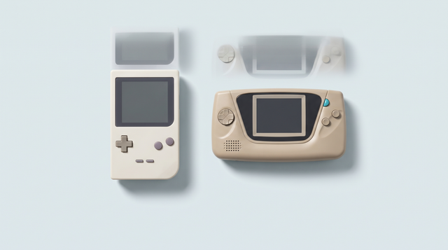 Deux consoles portables rétro côte à côte, l'une à écran presque carré, l'autre panoramique