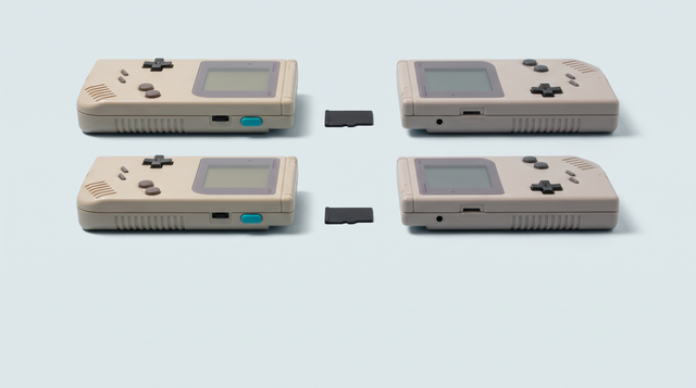 Deux consoles portables rétro face à face, une carte microSD posée entre les deux