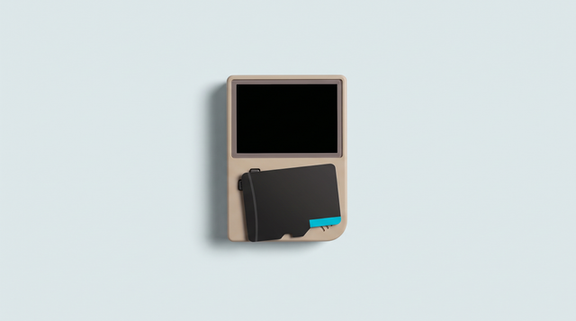Carte microSD posée sur une console portable rétro à plat, écran éteint