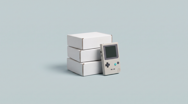 Trois boîtes cartonnées blanches empilées près d'une console portable rétro