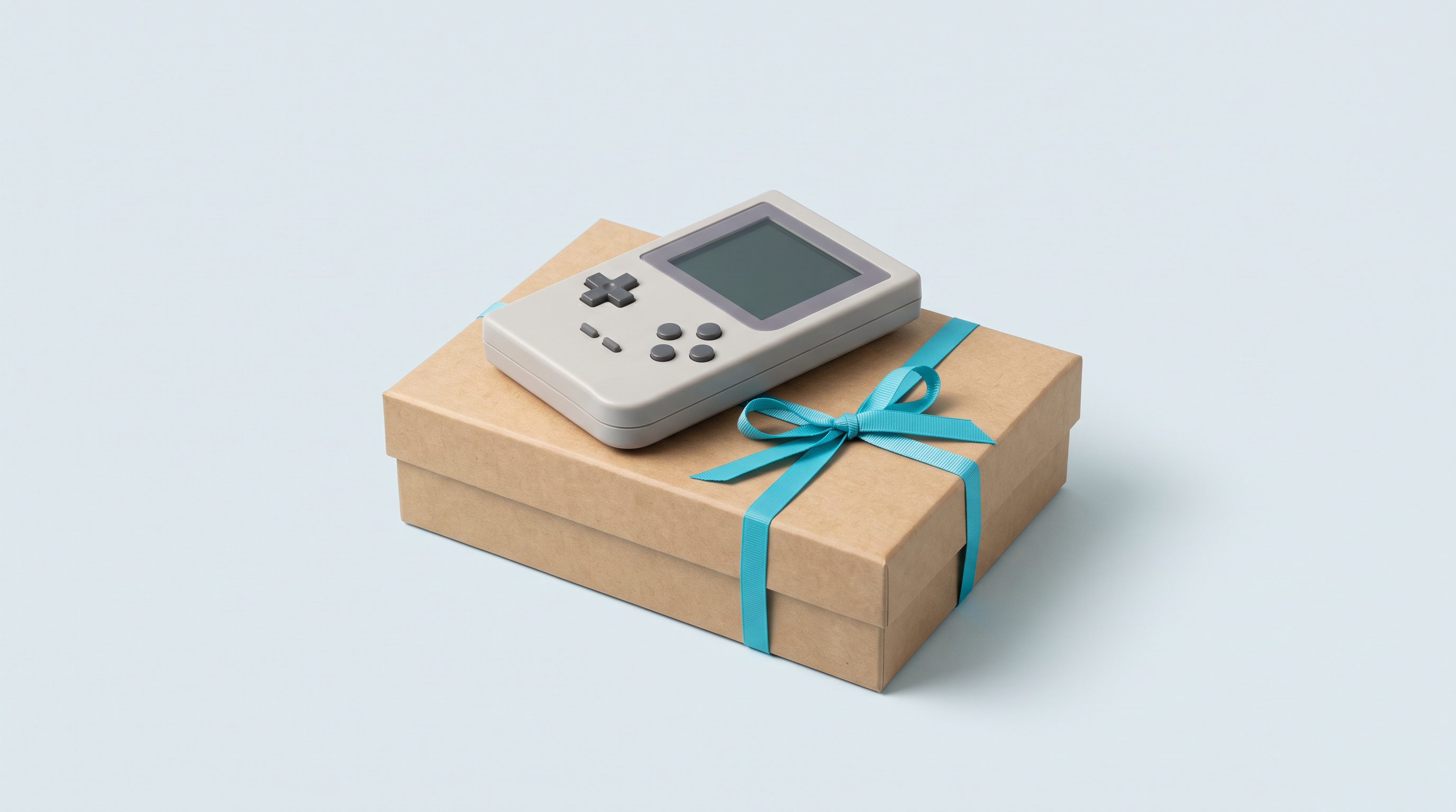 Console portable rétro posée sur un coffret cadeau kraft noué d'un ruban cyan