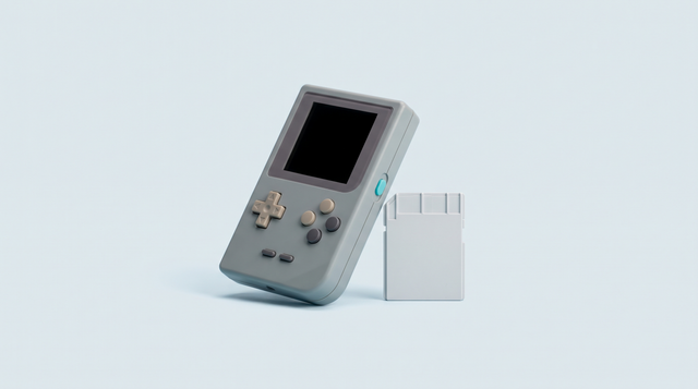 Carte microSD appuyée contre une console portable rétro compacte à écran carré