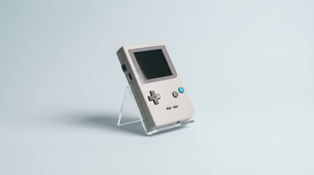 Console portable rétro inclinée sur un support transparent, boutons nets au premier plan