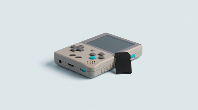 Très petite console portable rétro format poche avec une carte microSD dressée à côté
