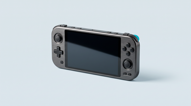 Console portable haut de gamme à grand écran brillant et châssis métal brossé, vue de trois quarts