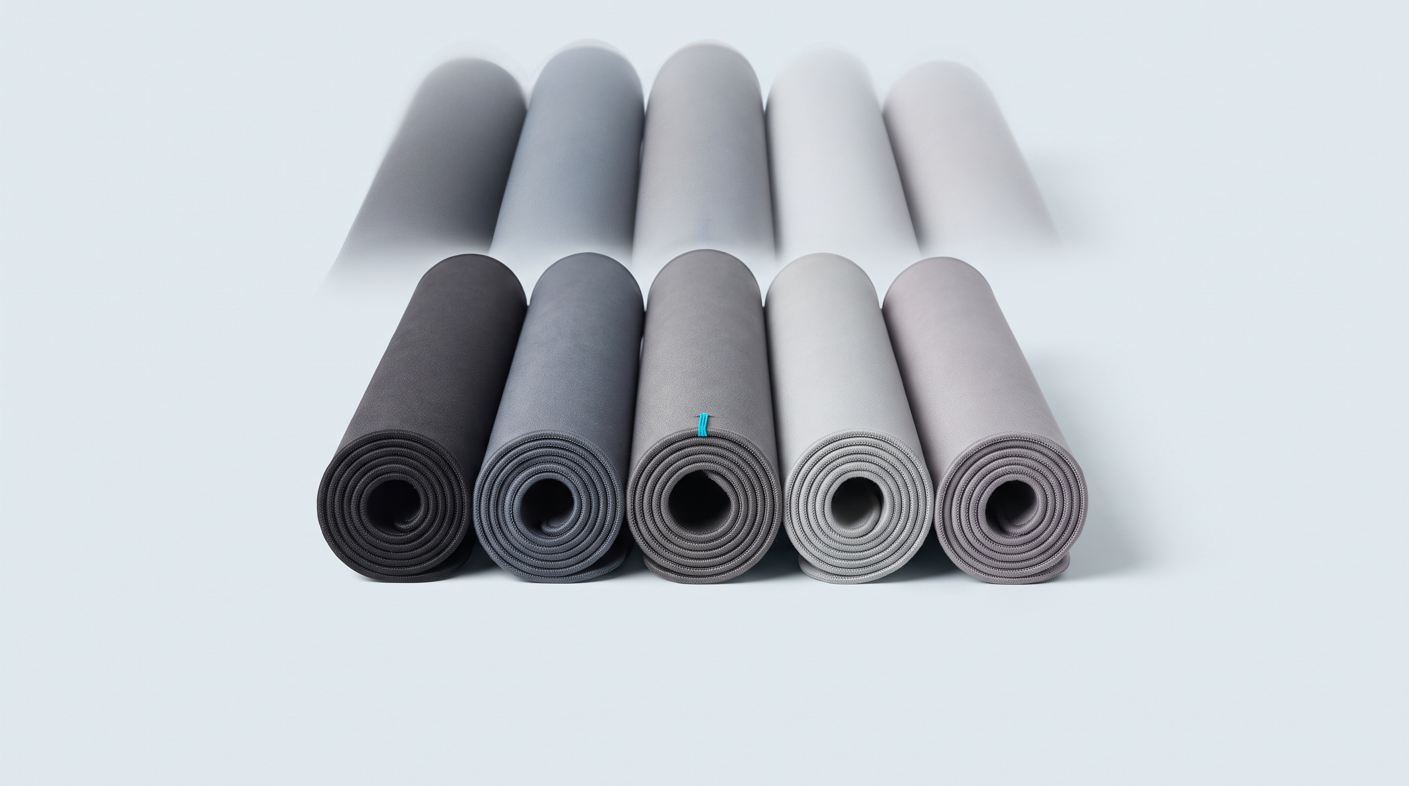 Cinq tapis de bureau roulés dressés côte à côte, dans cinq gris différents