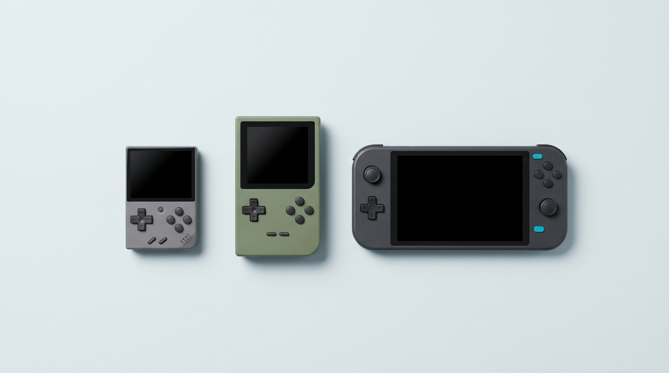 Trois consoles portables alignées de la plus petite à la plus grande, écrans éteints