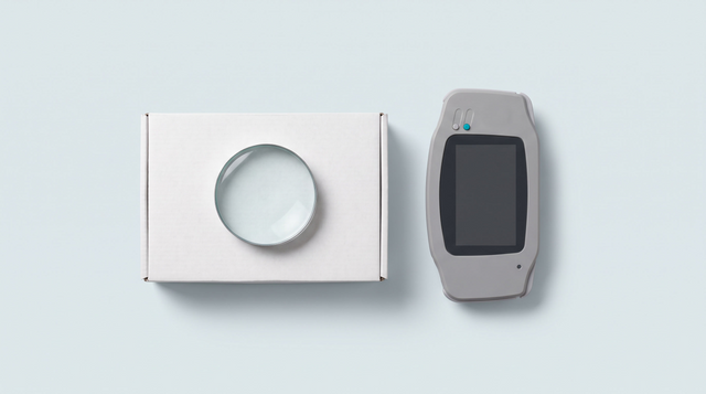 Une loupe posée sur le dos d'une boîte, à côté d'une console de poche générique