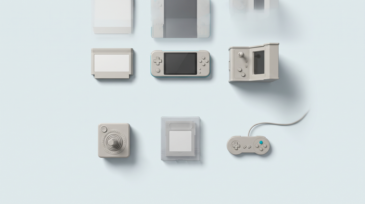 Objets de rétro gaming génériques rangés en grille : cartouches, console portable, mini borne, joystick