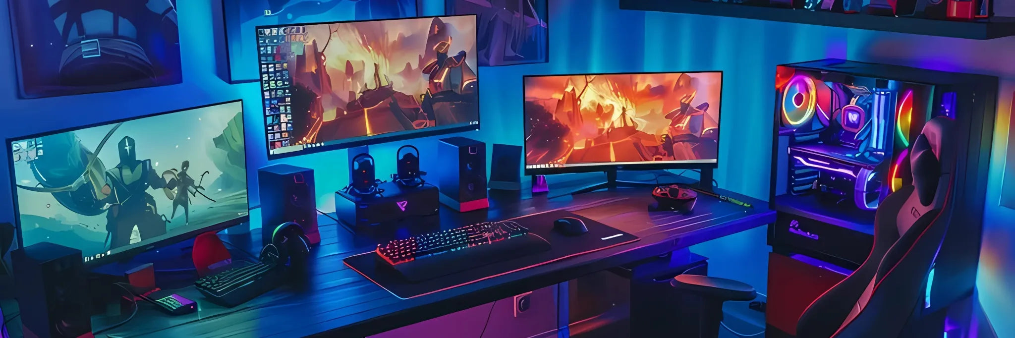 Bureau gamer moderne avec deux écrans, clavier rétroéclairé et ordinateur aux lumières LED.