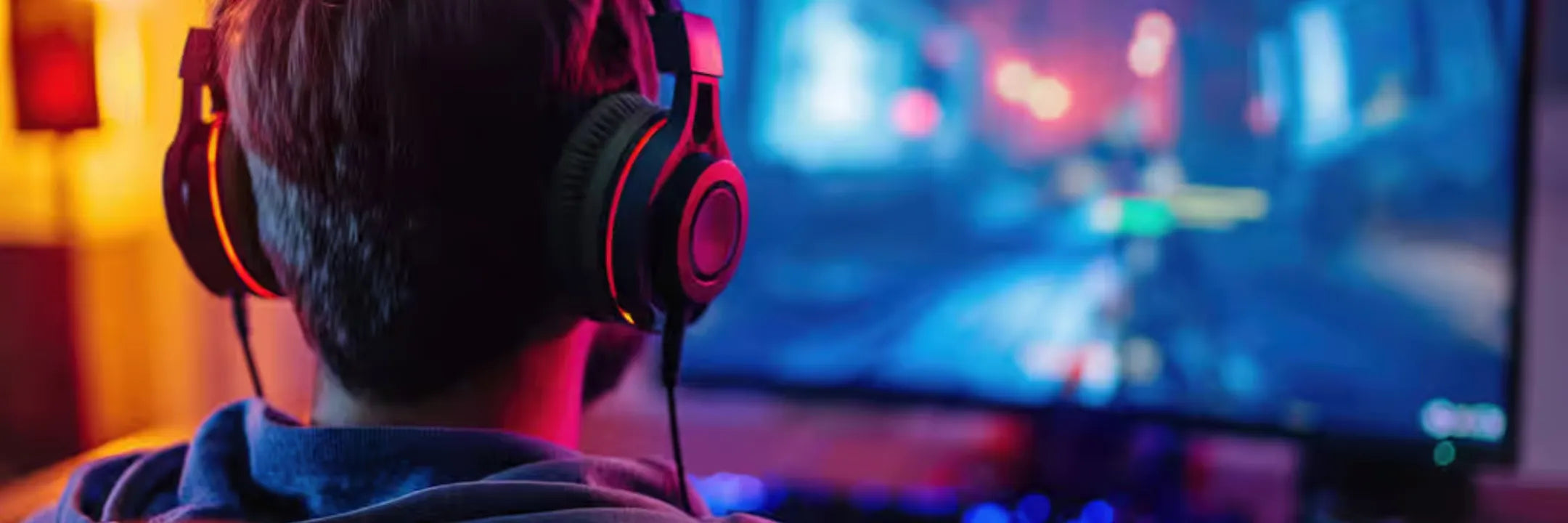 Person wearing audio headphones while gaming, showcasing immersive sound experience and stylish design.