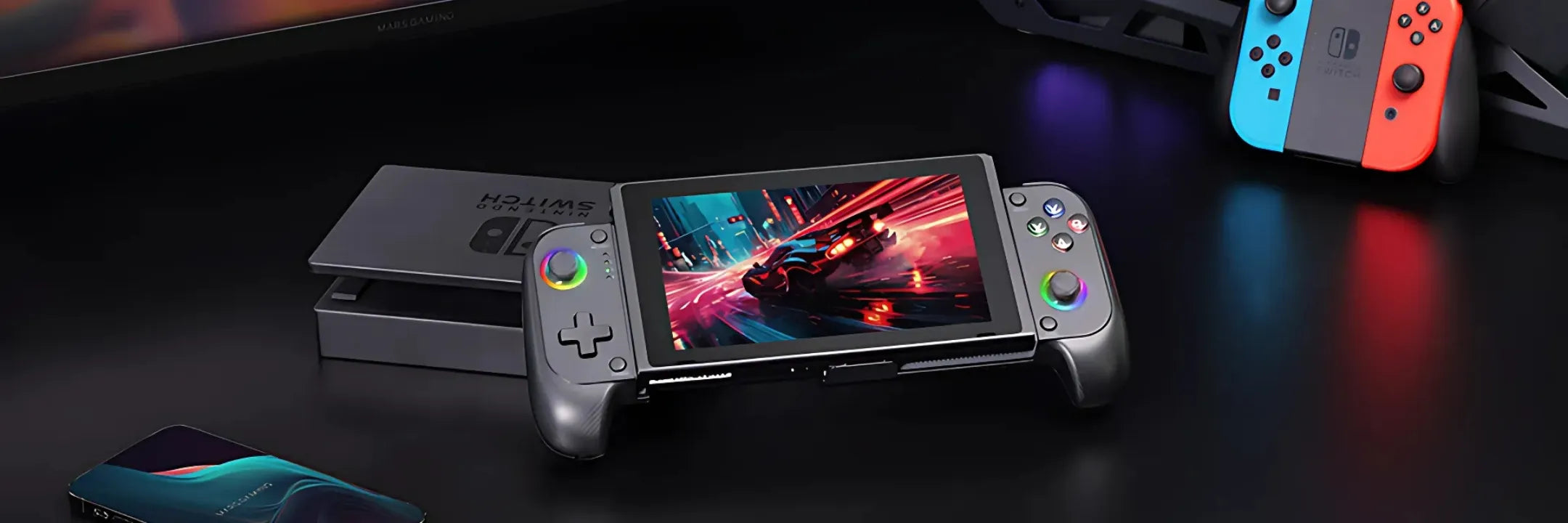 Manettes Android et iOS sur un bureau, avec une console et un smartphone, offrant une expérience de jeu immersive.