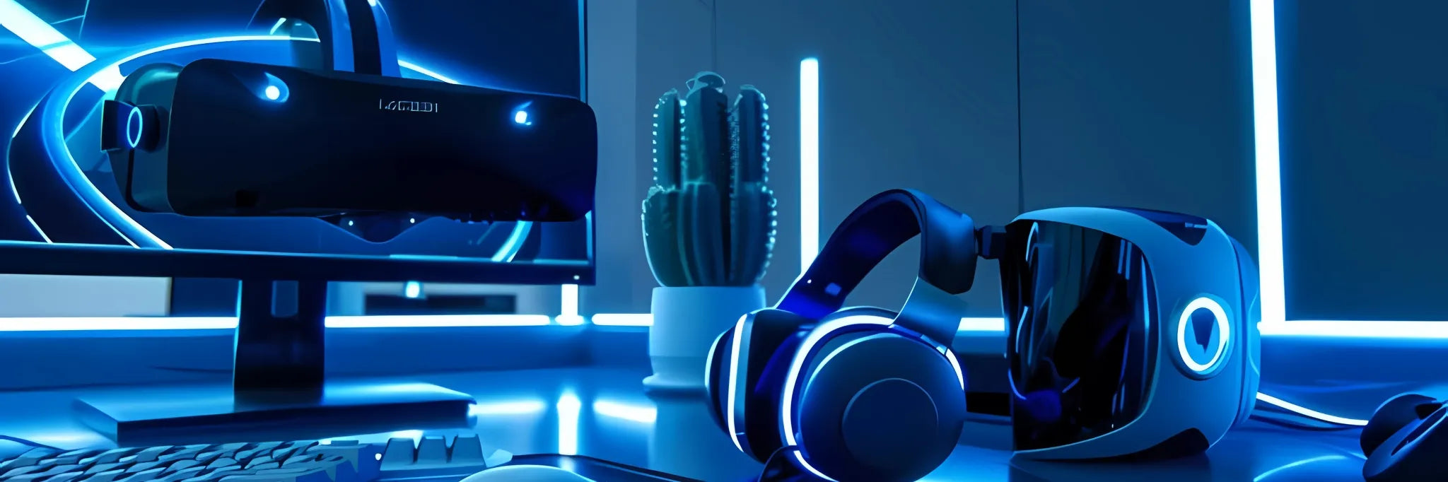 Accessoires gaming comprenant un casque audio et un casque VR dans un setup moderne avec éclairage néon.