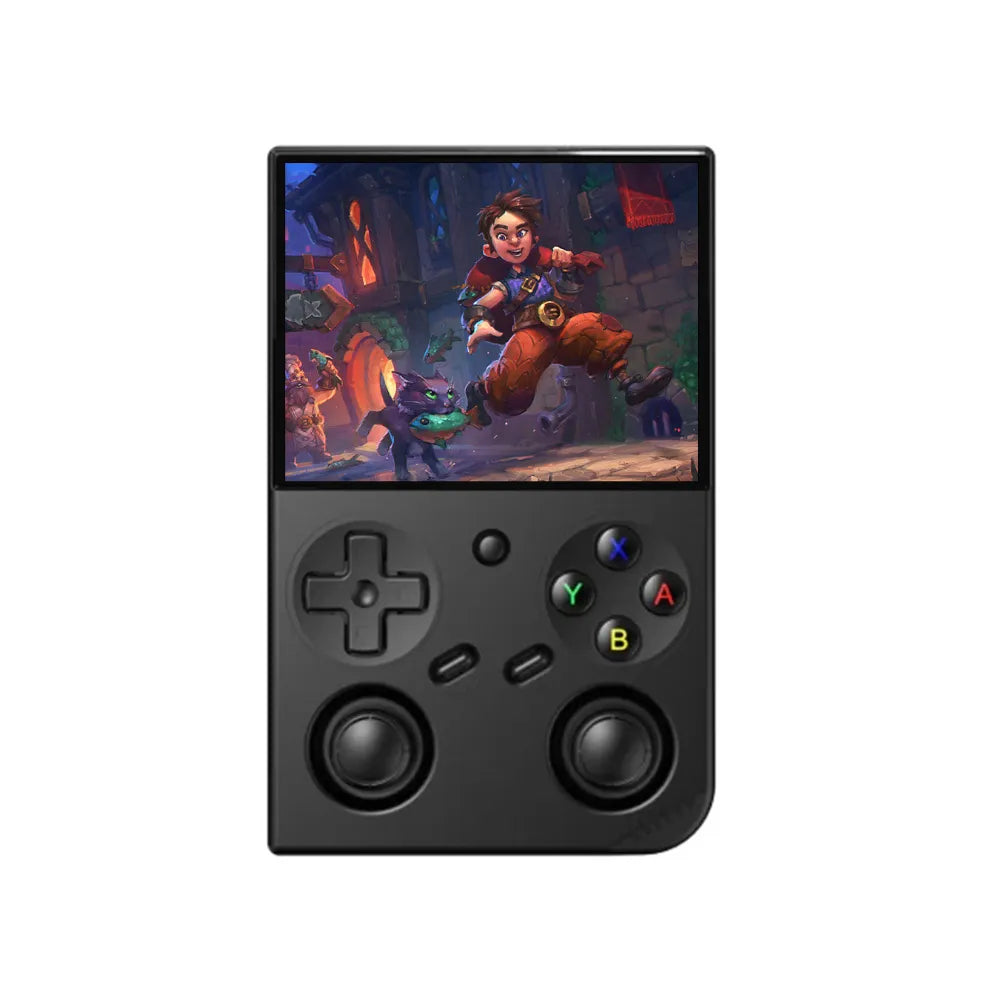 Console Anbernic RG35XX avec écran IPS et jeu coloré, design ergonomique pour une expérience de jeu portable immersive.