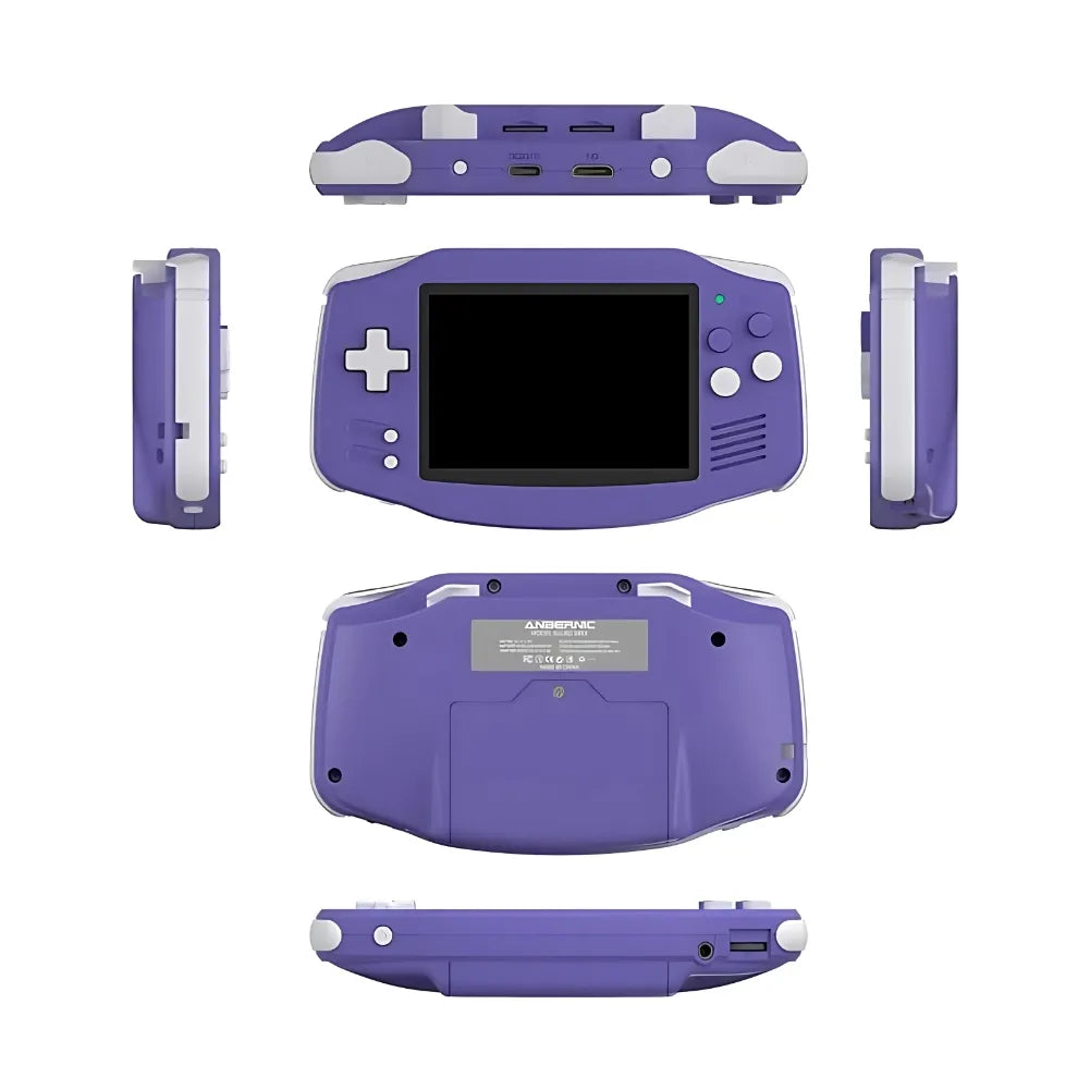 Anbernic RG34XX retro gaming console in purple, showcasing multiple angles and features.