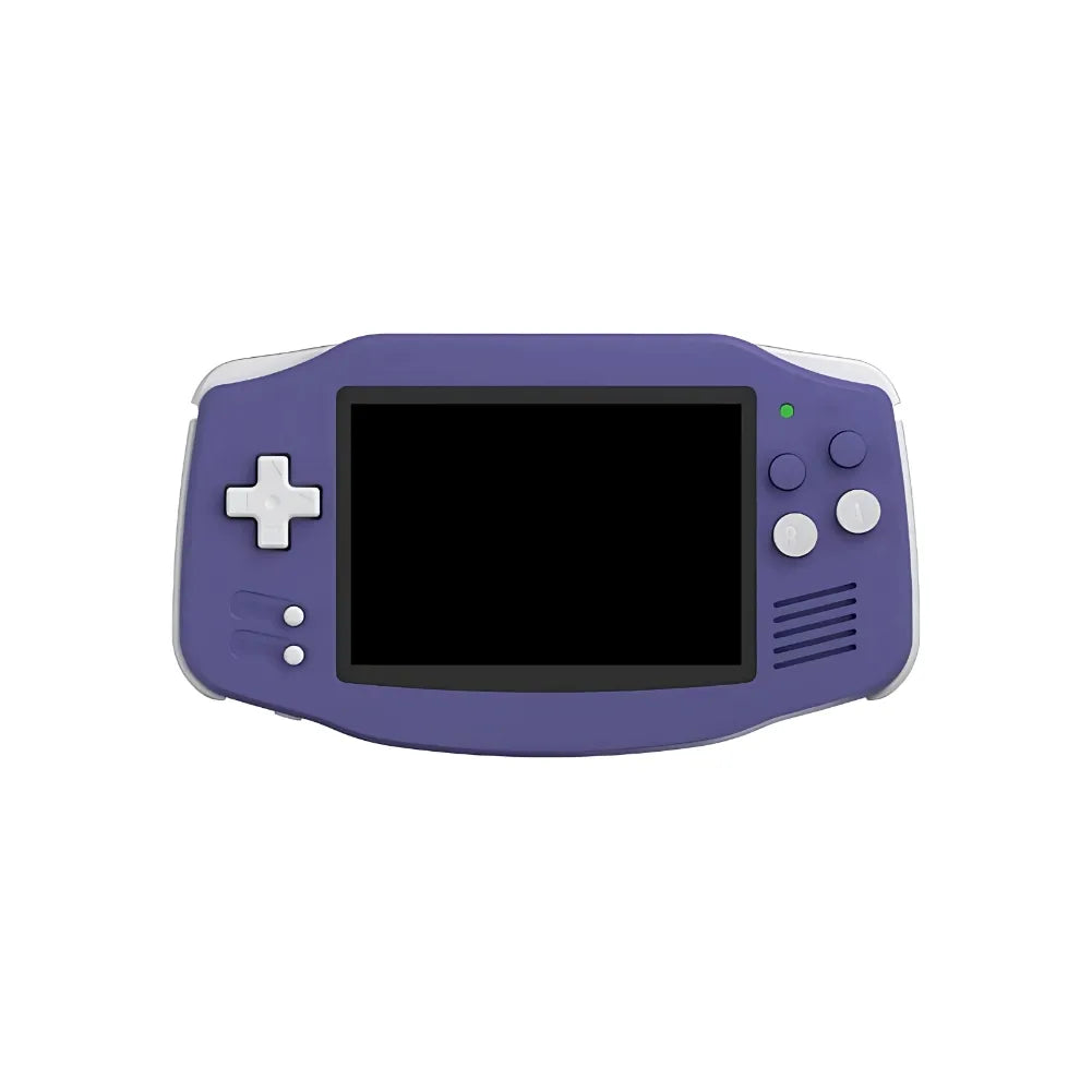 Anbernic RG34XX portable retro gaming console in purple with buttons and blank screen.