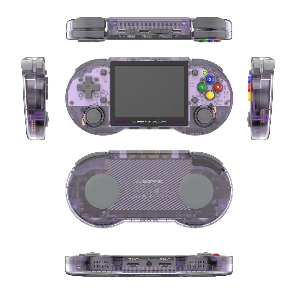Anbernic RG353PS retro gaming console with transparent design, showcasing buttons and display from multiple angles.