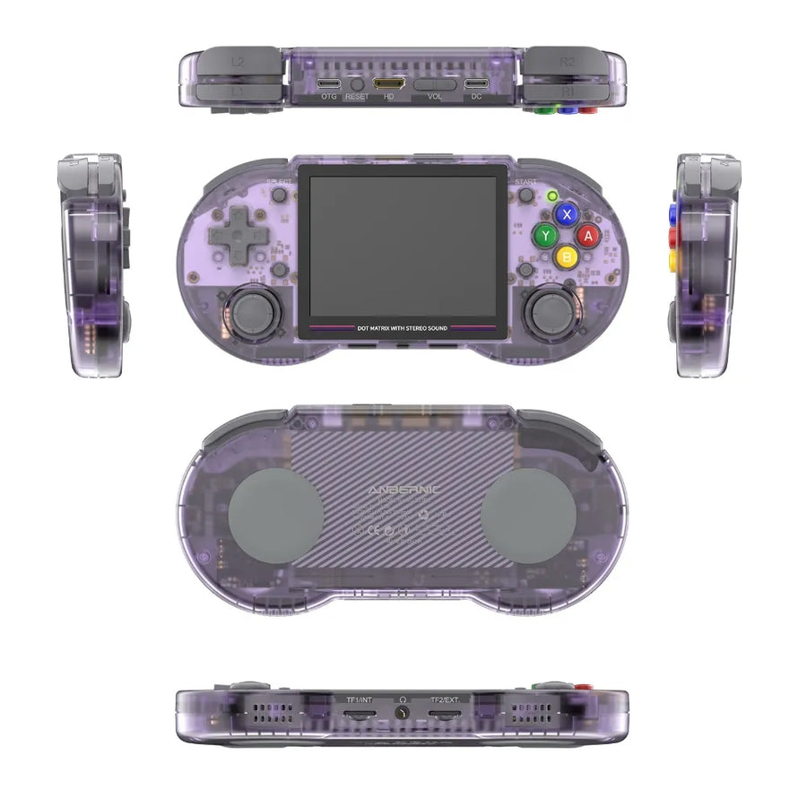 Anbernic RG353PS retro gaming console with transparent design, showcasing buttons and display from multiple angles.