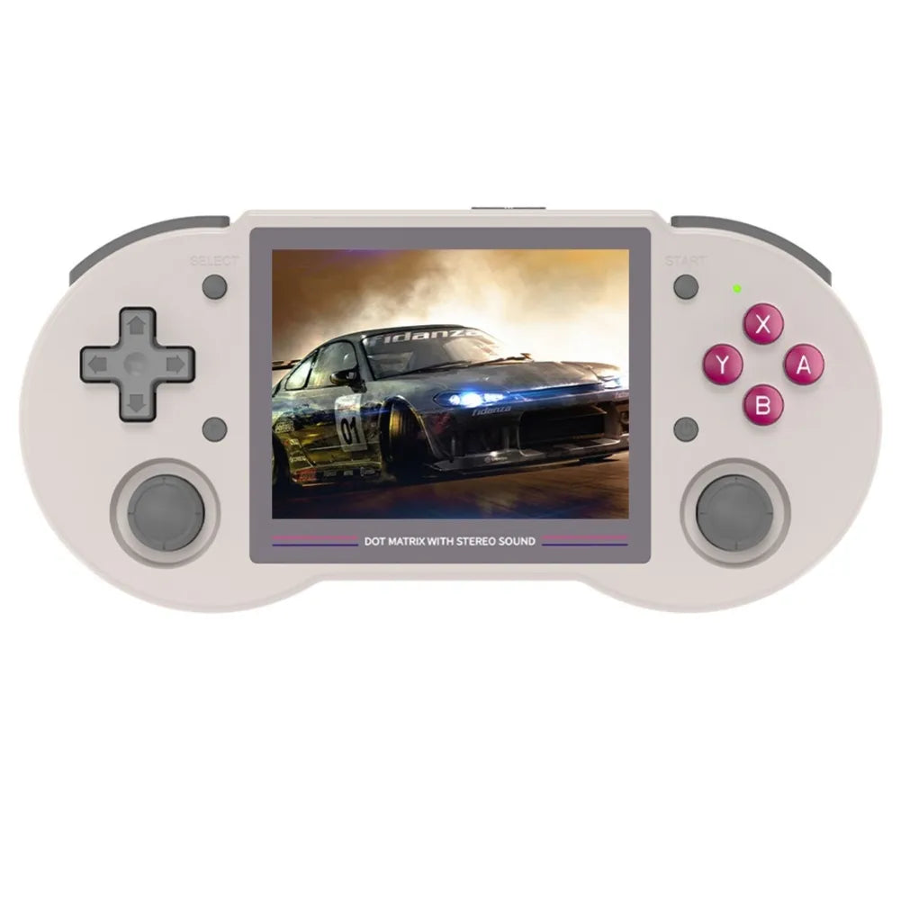 Anbernic RG353PS portable console with a racing game displayed on the screen.
