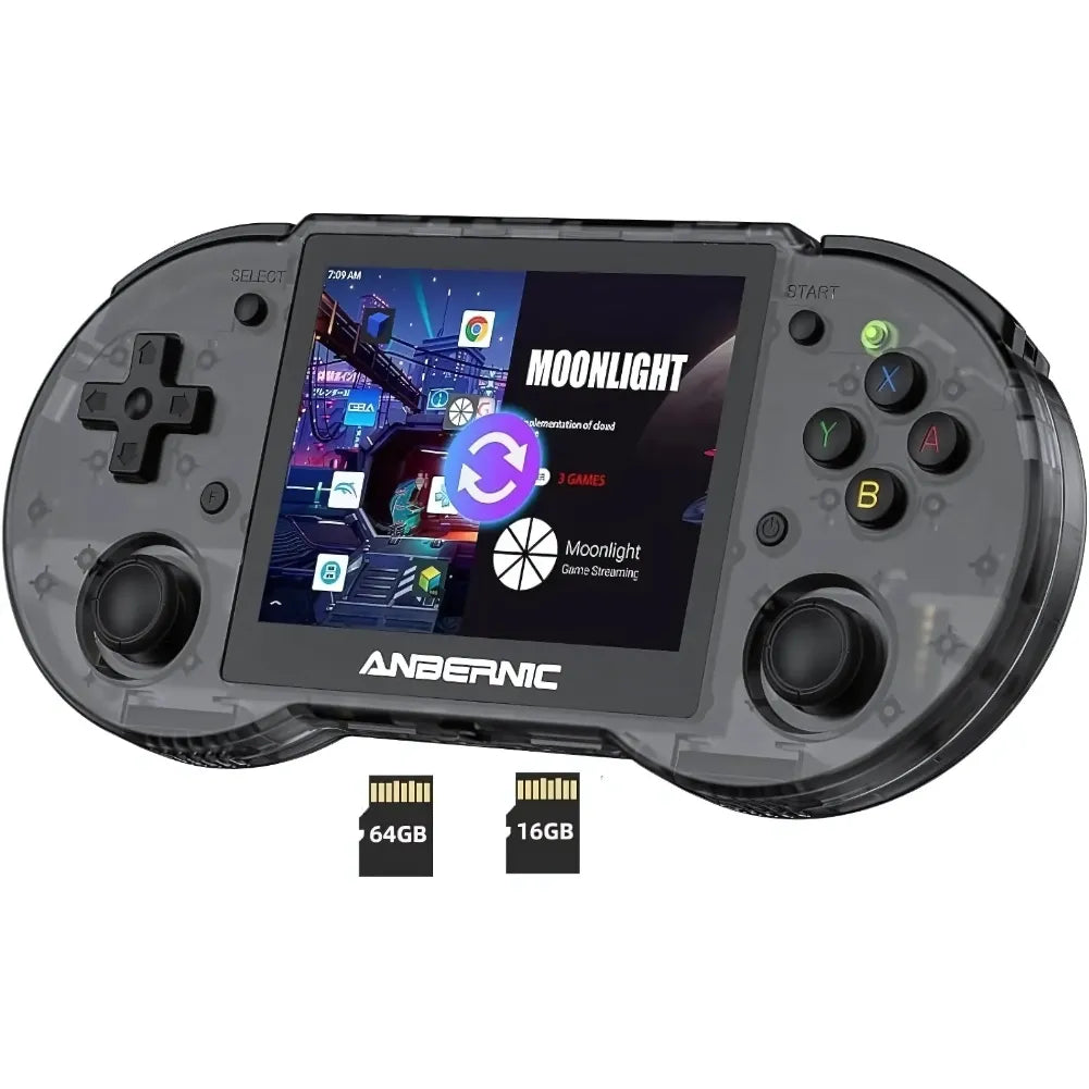 Anbernic RG353PS portable console with IPS screen, showcasing Moonlight gamestreaming app and included 64GB and 16GB cards.