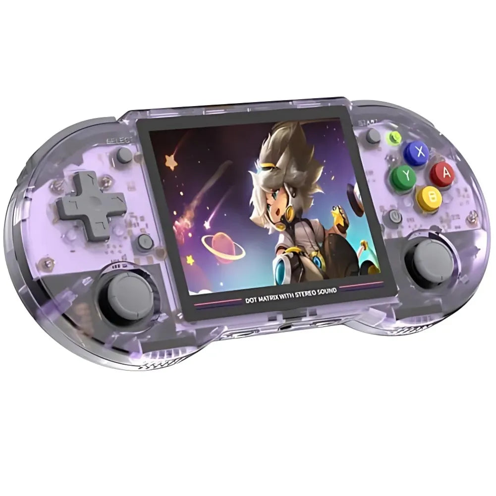 Anbernic RG353PS portable console with transparent design and colorful buttons, showcasing vibrant game graphics.