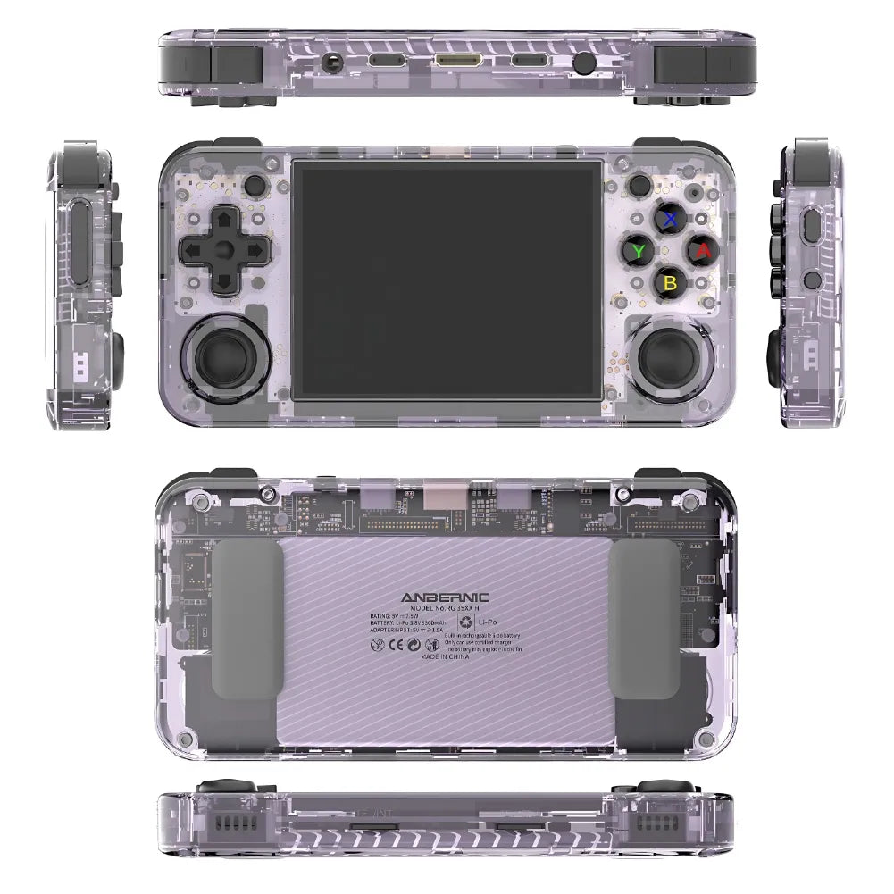 Console Anbernic RG35XX H transparente, vue de dessus, dessous, et côtés, avec écran IPS 3,5 pouces.