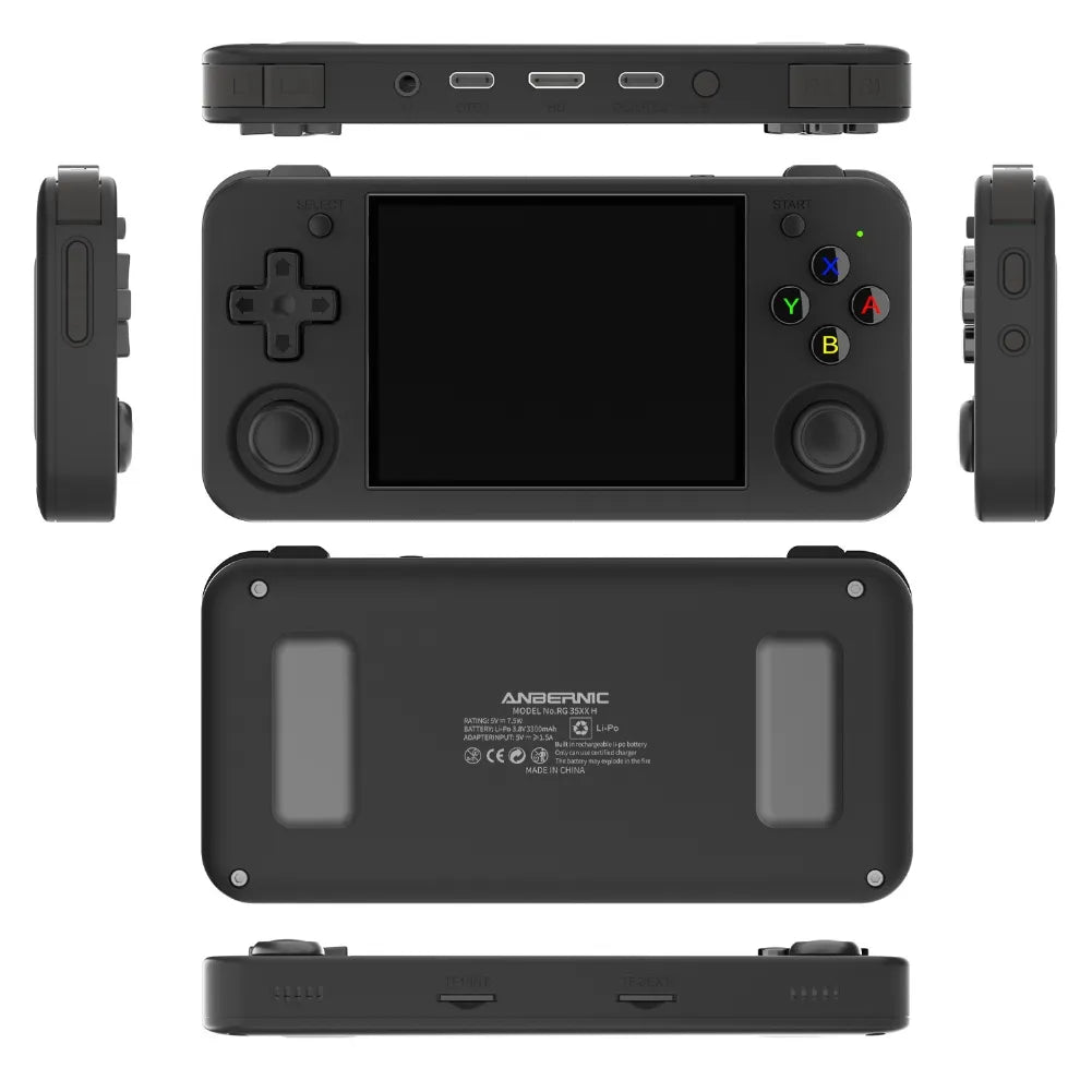 Console rétro portable Anbernic RG35XX H vue de dessus, côtés et dos, avec boutons et écran