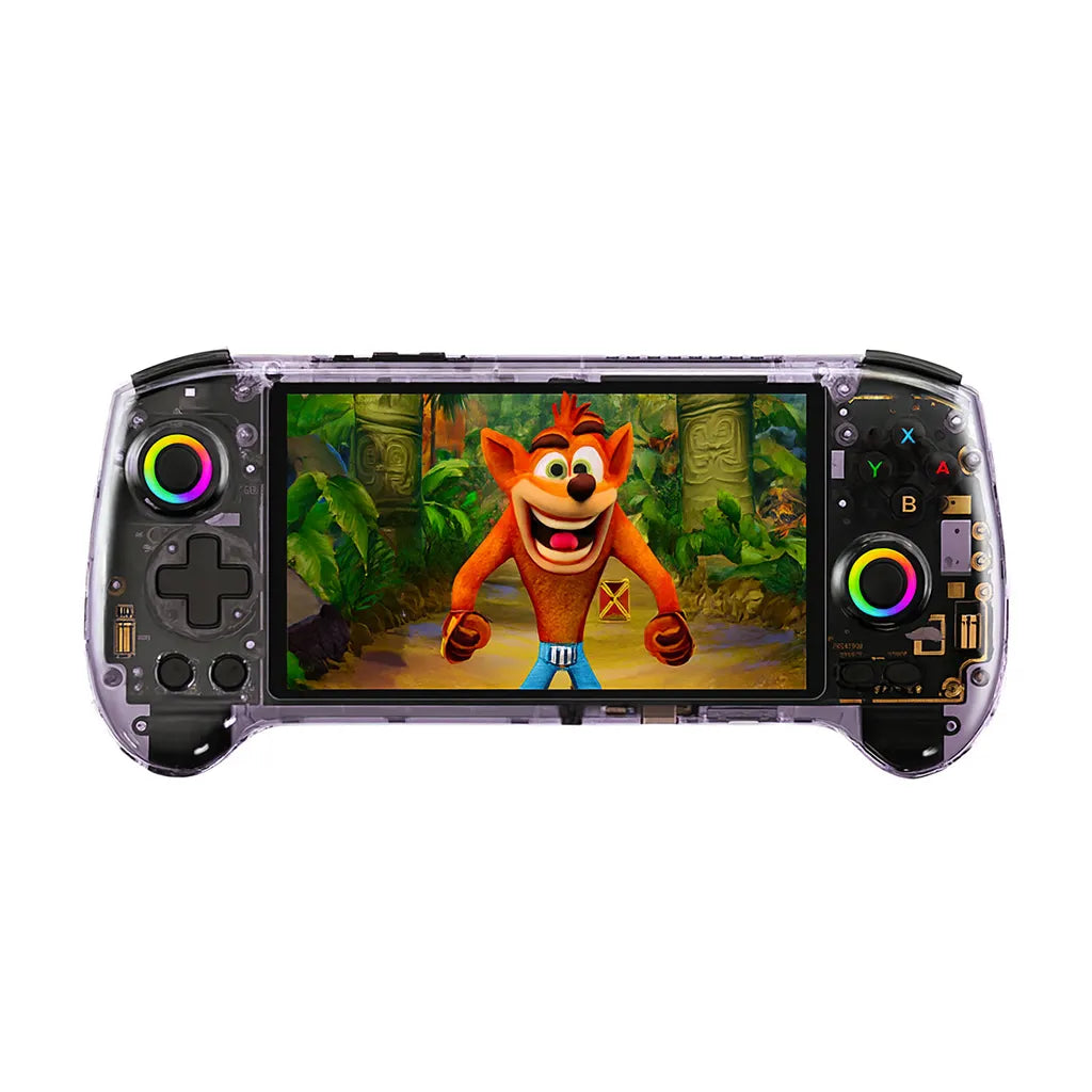 Manette Anbernic RG557 affichant Crash Bandicoot sur écran AMOLED, idéale pour le rétro-gaming.
