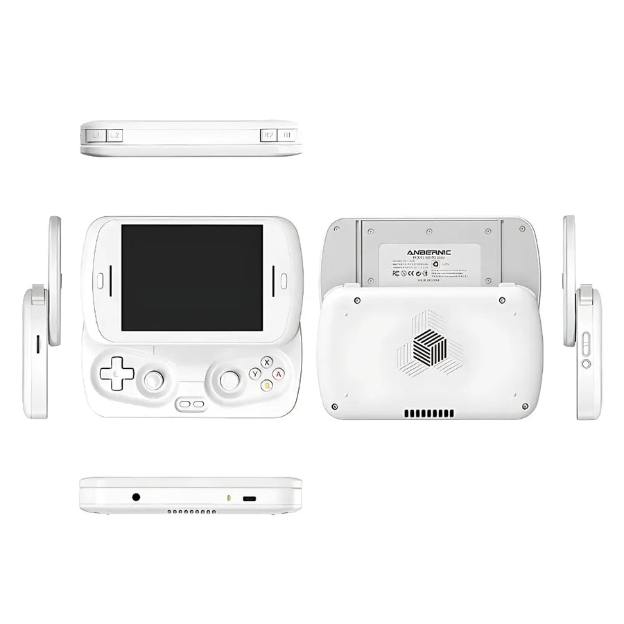 Console Anbernic RG SLIDE vue de dessus et de côté, design compact et élégant, écran 4,7" et contrôles ergonomiques.