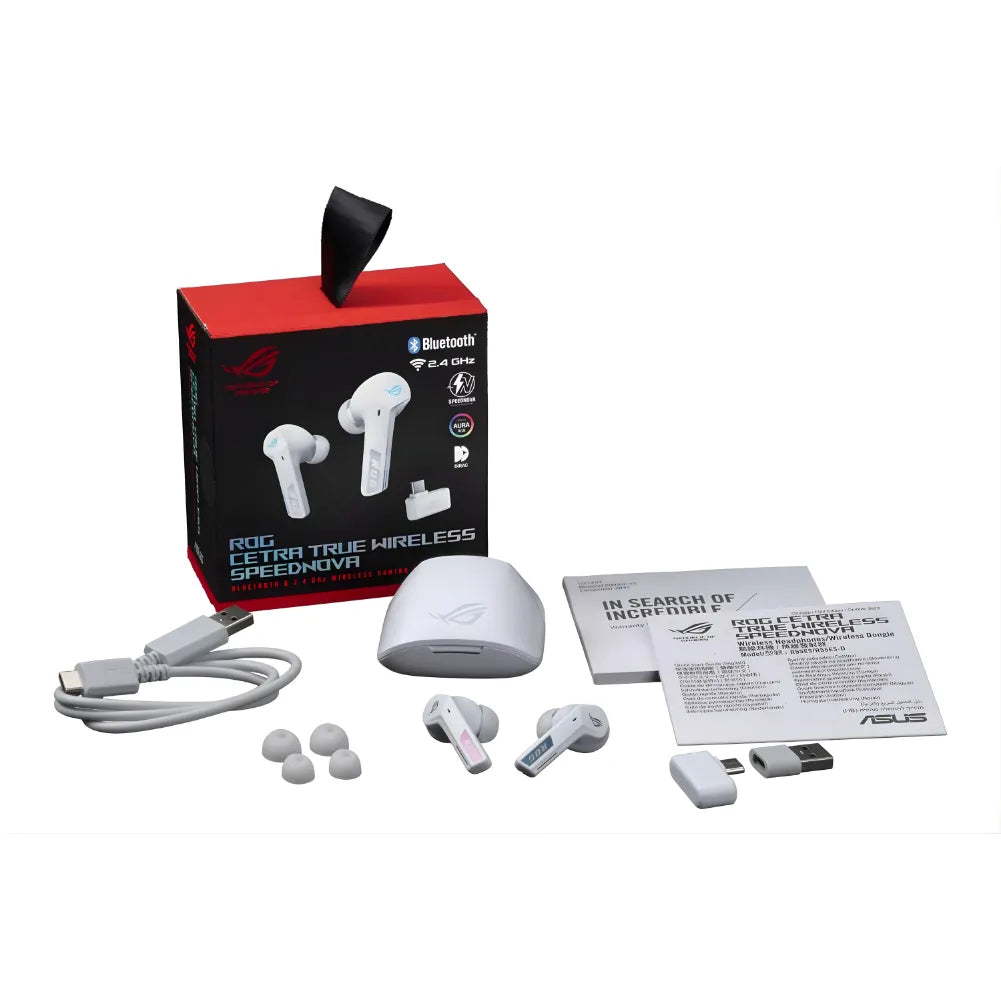ROG Cetra TW SpeedNova – 2.4 GHz + Bluetooth, Hi-Res, écouteurs sans fil avec accessoires et boîte.