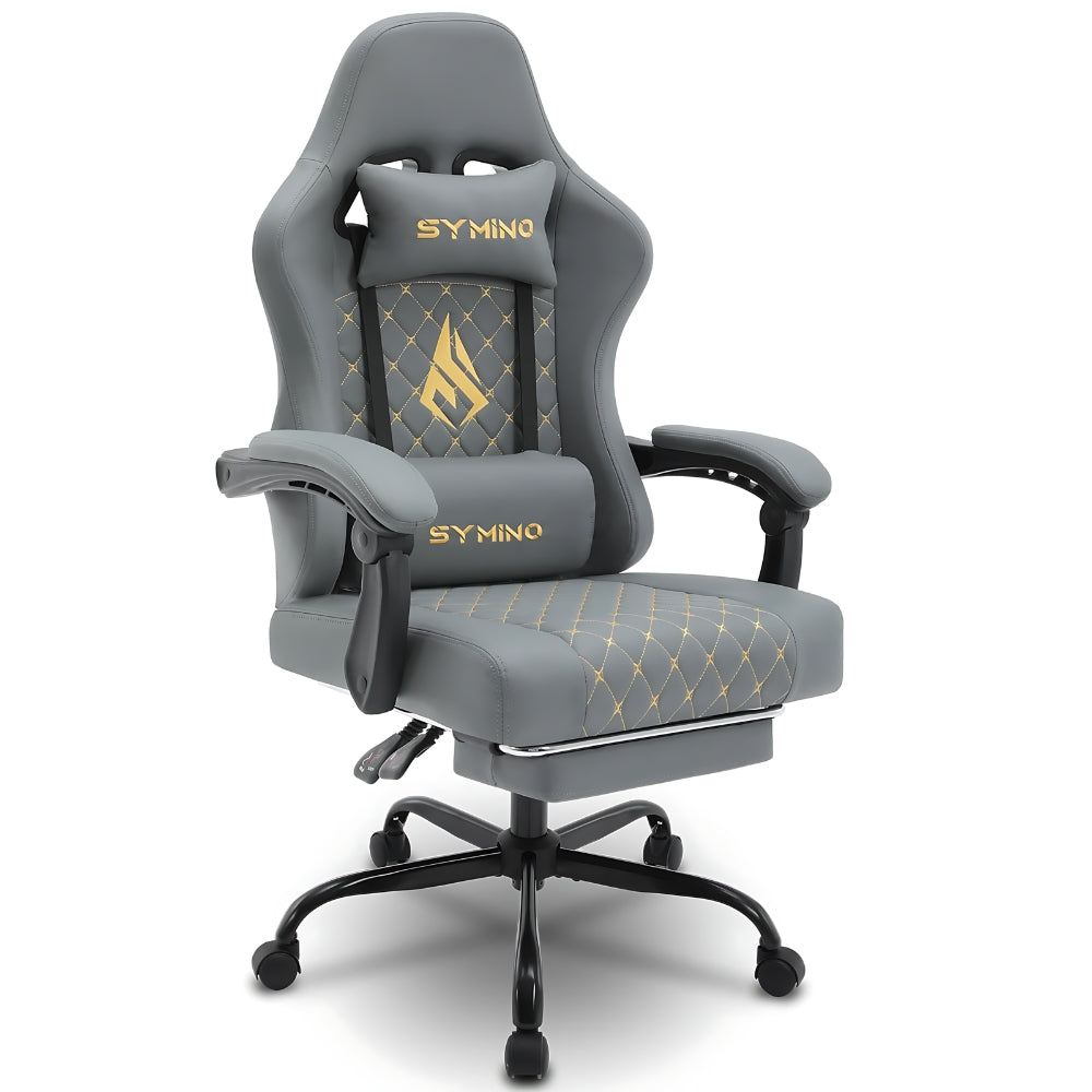 Chaise gamer Symino gris vue de face, mettant en avant son design ergonomique.