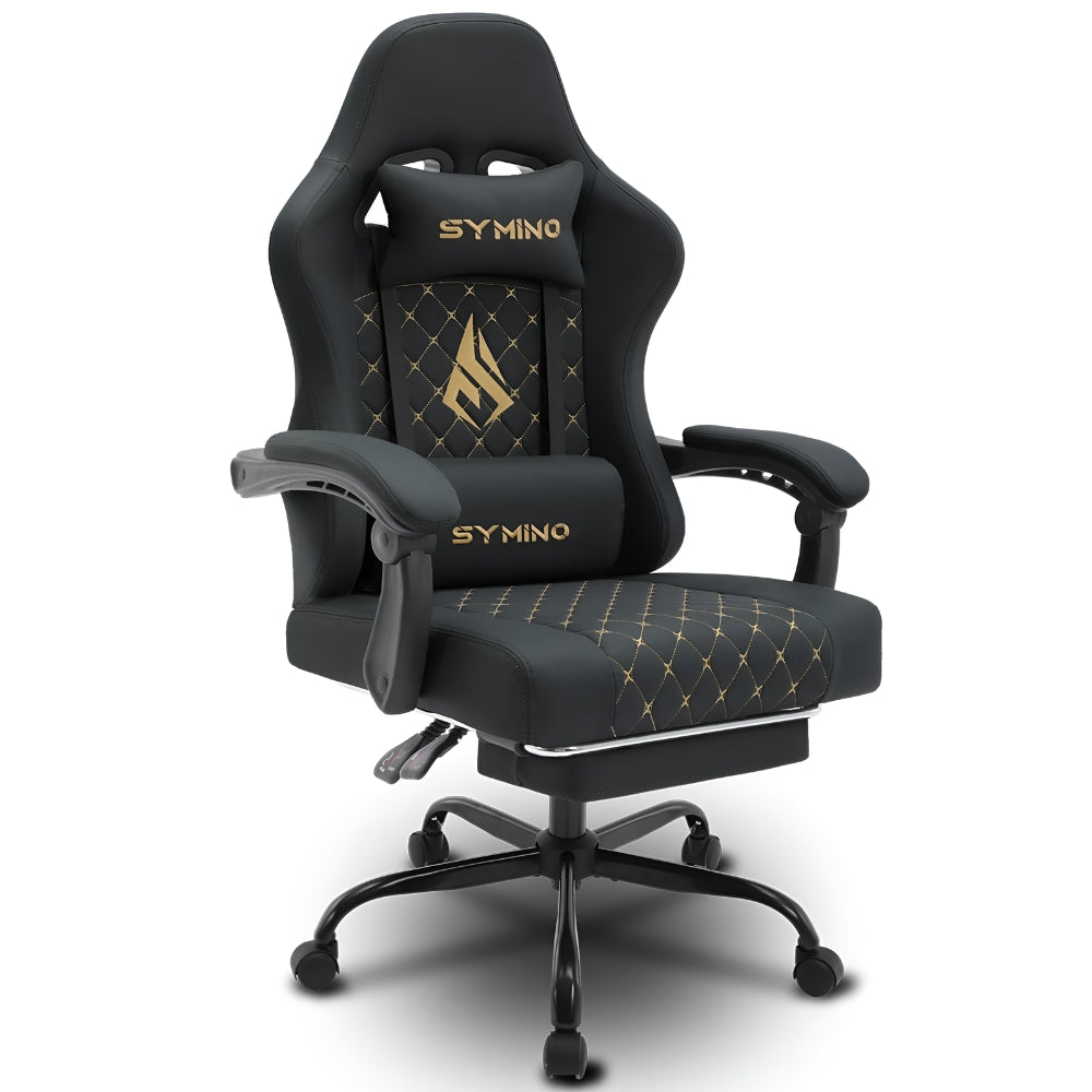 Chaise gamer Symino noire vue de face, mettant en avant son design ergonomique.