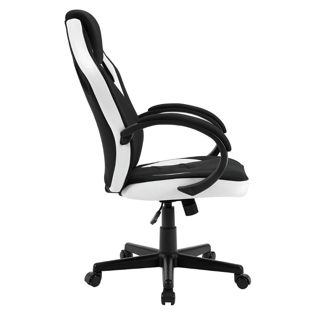 Vue de cote de la chaise gamer WOLTU blanc, parfaite pour de longues sessions de jeu