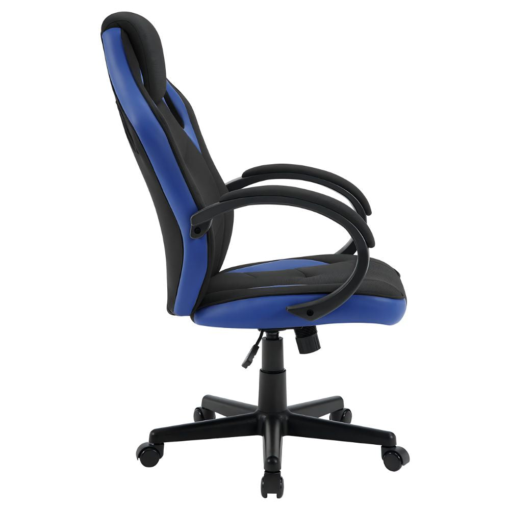 Vue de cote de la chaise gamer WOLTU bleu, parfaite pour de longues sessions de jeu