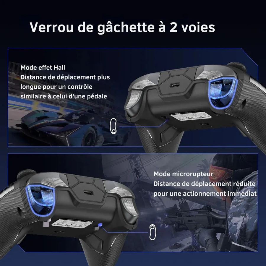 Verrou de gâchette à deux positions de la manette EasySMX D10 violette : effet Hall ou microswitch.