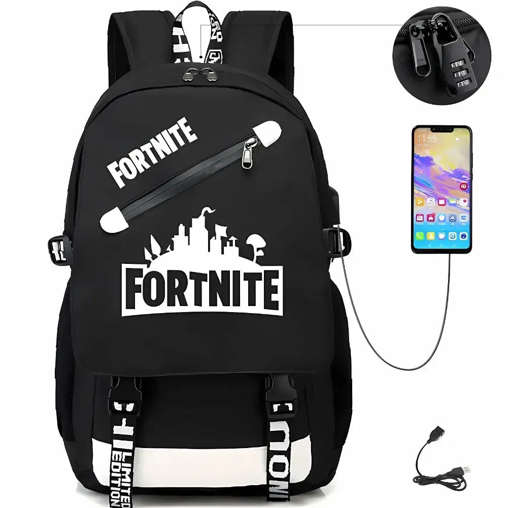 Sac à dos ordinateur portable stylé Fortnite avec port USB intégré, idéal pour les gamers et les étudiants.