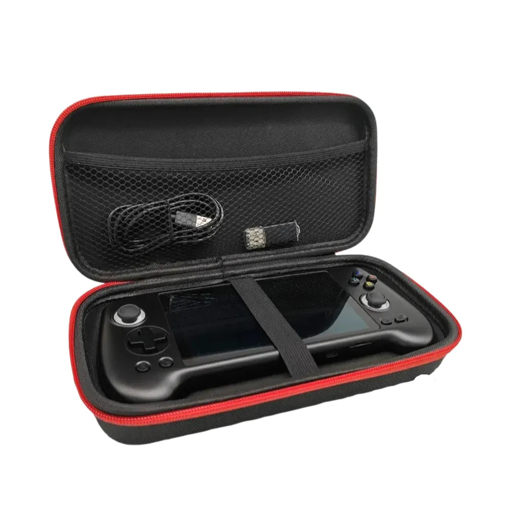 Housse Anbernic RG556 ouverte avec une console portable et accessoires à l'intérieur, parfaite pour la protection nomade.