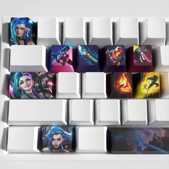 Blue, pink and nothing subtle: the Jinx set — Jinx Keycaps League of Legends – Set of 12 PBT Keycaps for Mechanical Keyboards