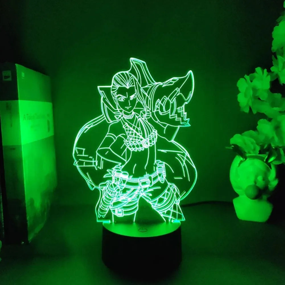 Lampe 3D LED Jinx en vert, personnage de League of Legends, ajoutant une ambiance dynamique à votre espace gaming.