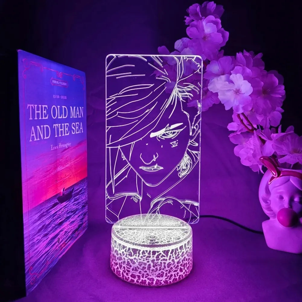 Lampe 3D LED Vi de League of Legends illuminant un espace de jeu avec un design unique et éclairage multicolore.