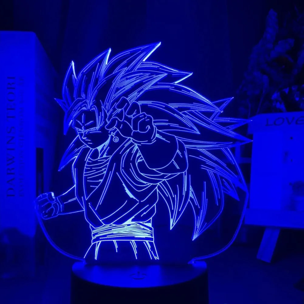 Lampe LED 3D Sangoku Super Saiyan 3 vue de face bleu nuit