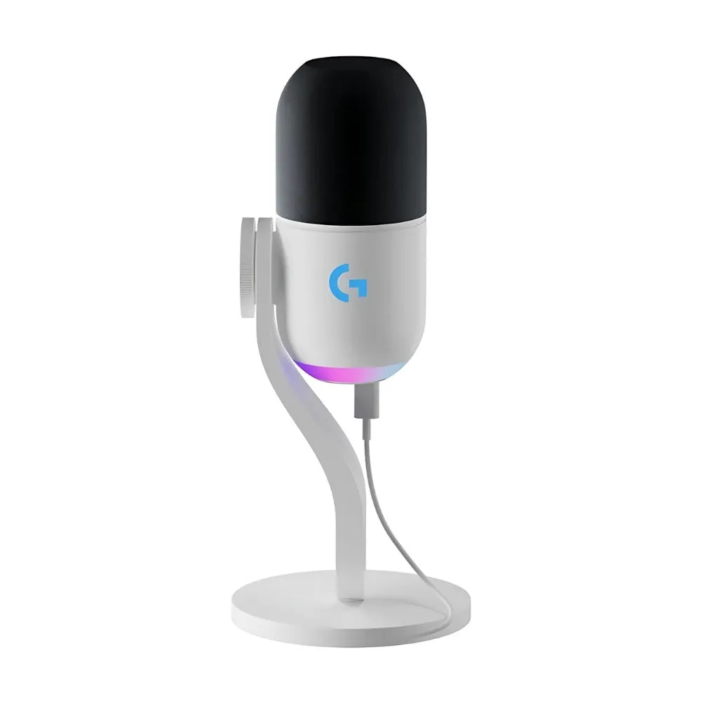 Vue avant du microphone Logitech G Yeti GX Blanc avec effets RGB.