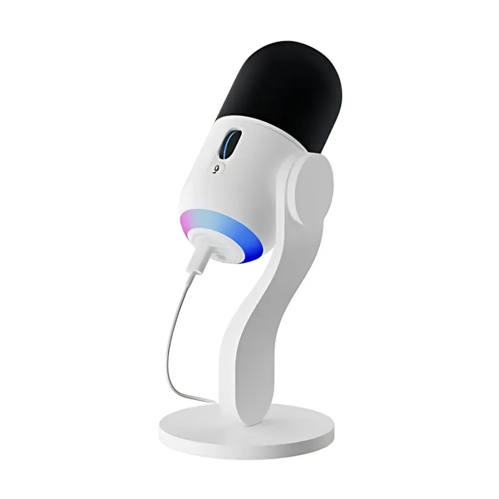 Vue avant du microphone Logitech G Yeti GX Blanc avec effets RGB.